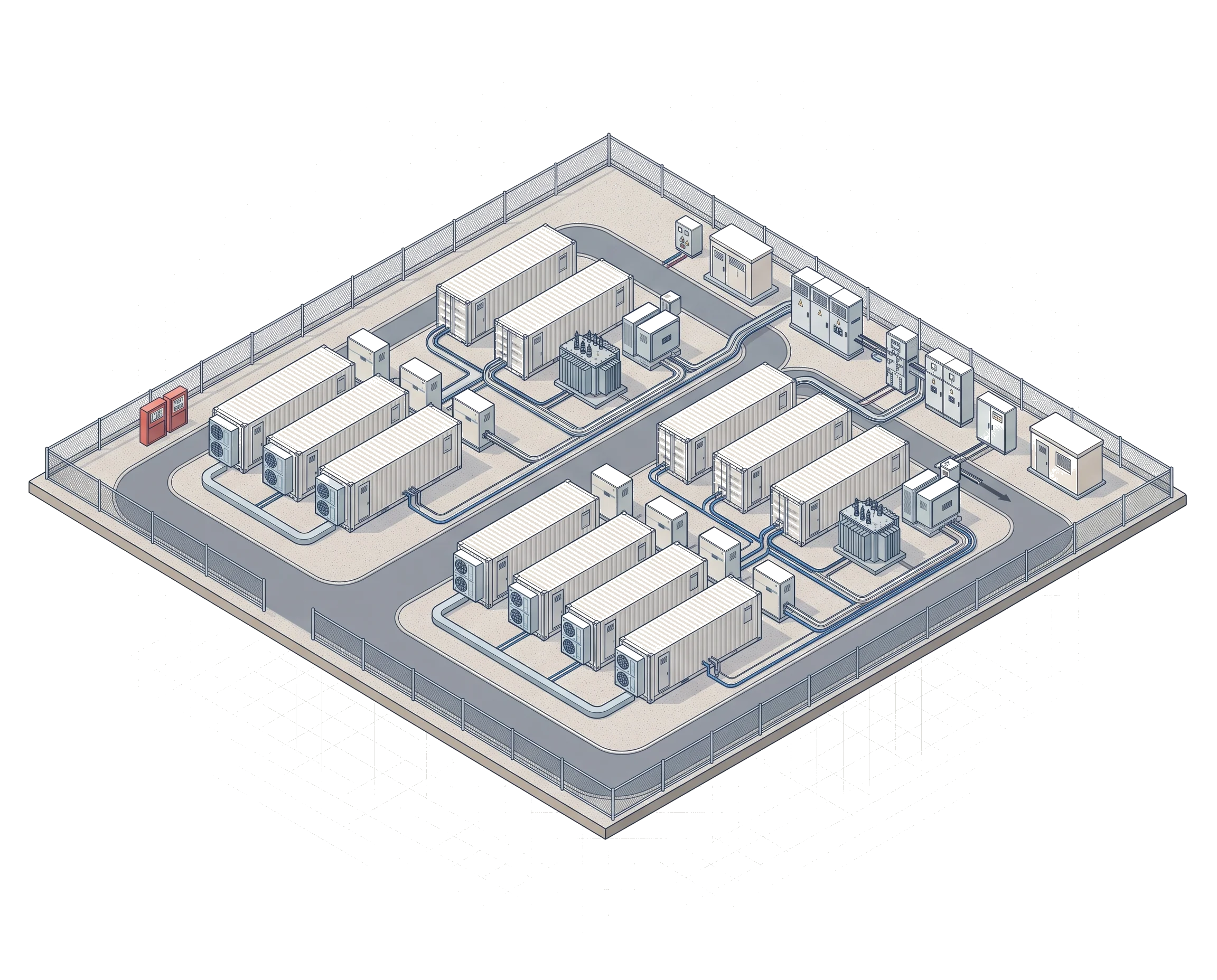 Isometric illustration of a utility-scale BESS plant