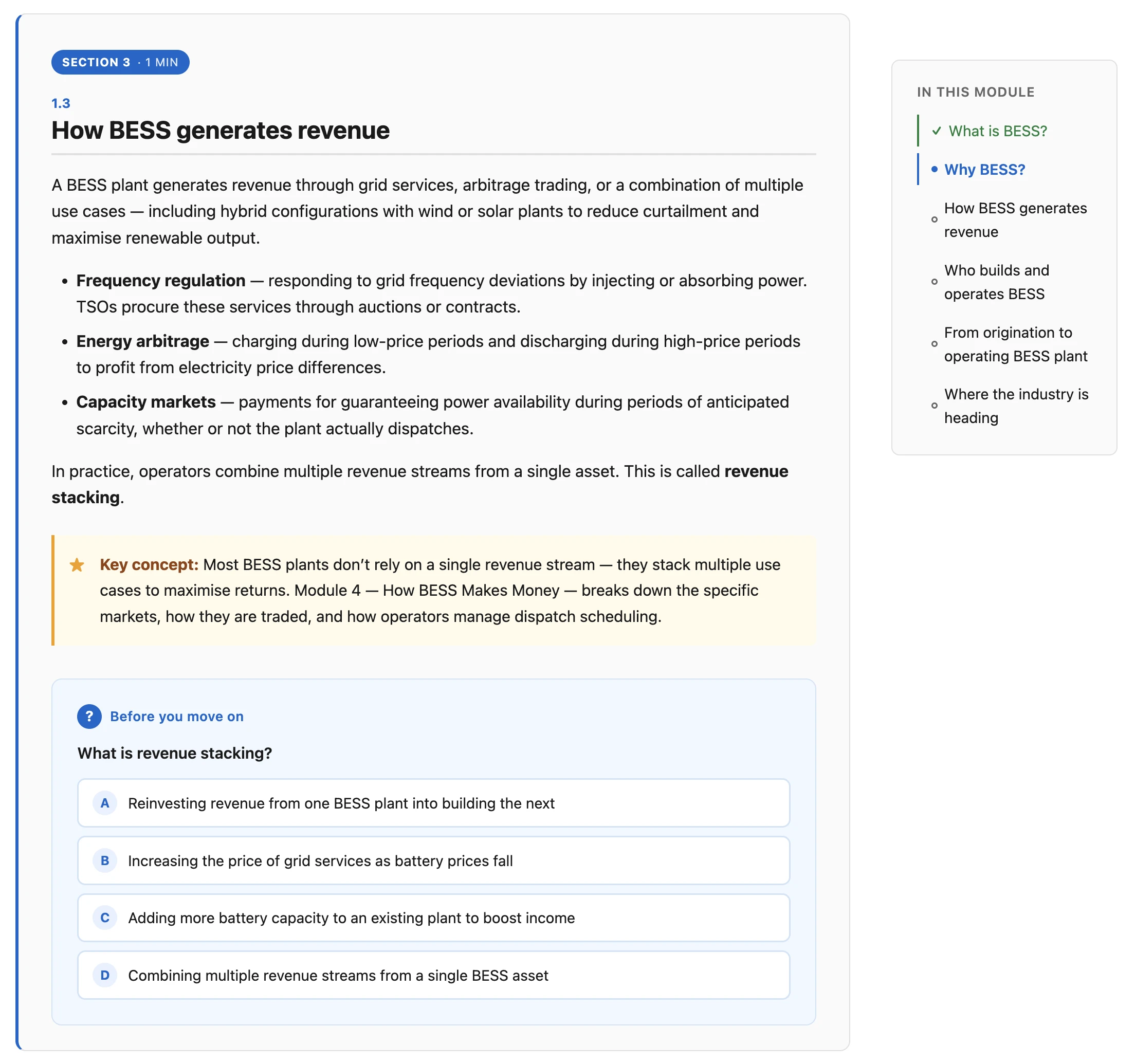 learnBESS module layout — structured sections, key concept callouts, and built-in Q&A